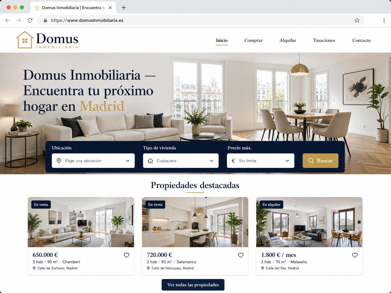 Diseño web para Domus Inmobiliaria, inmobiliaria — mockup del proyecto realizado por Mireaweb